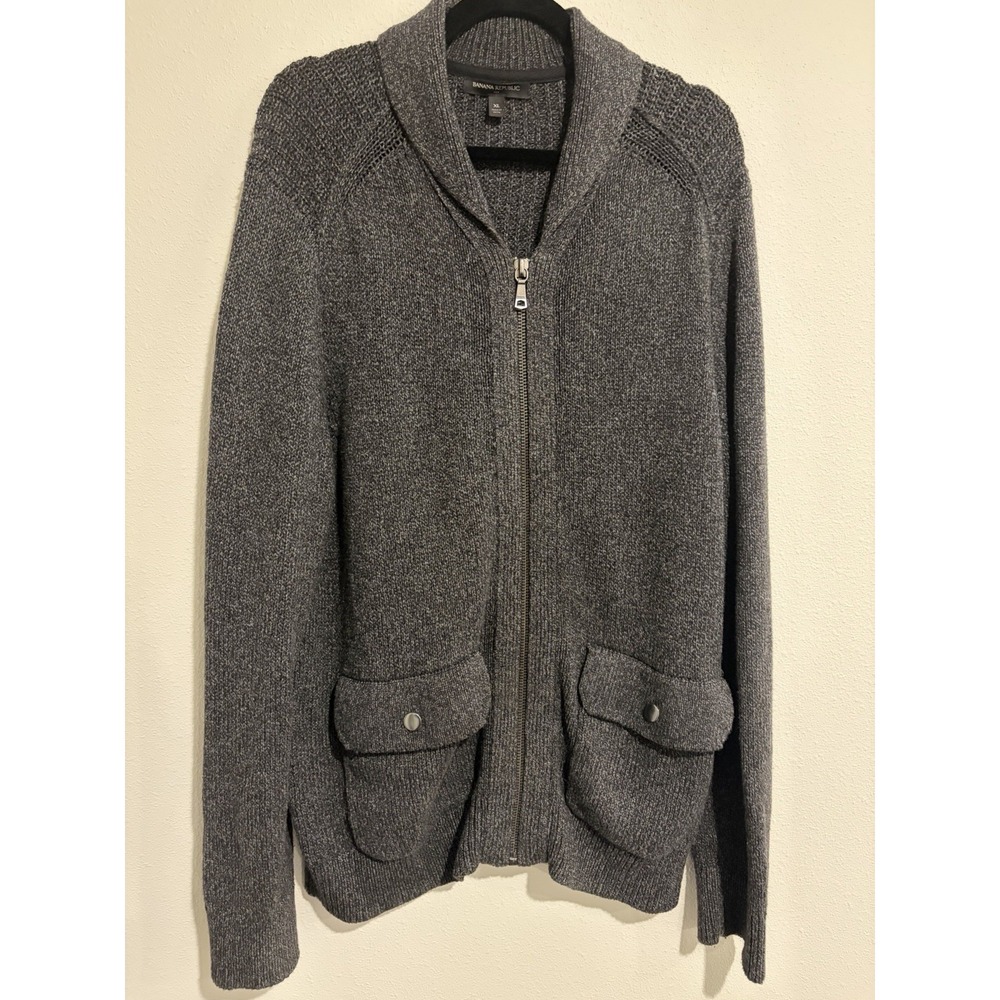 Banana Republic Mens Gray Cotton Blend Zip Cardigan Sweater  XL Academia Preppy